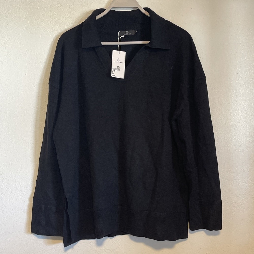 Lilusory V Neck Sweater‎ Long Sleeve Size Large Black NEW